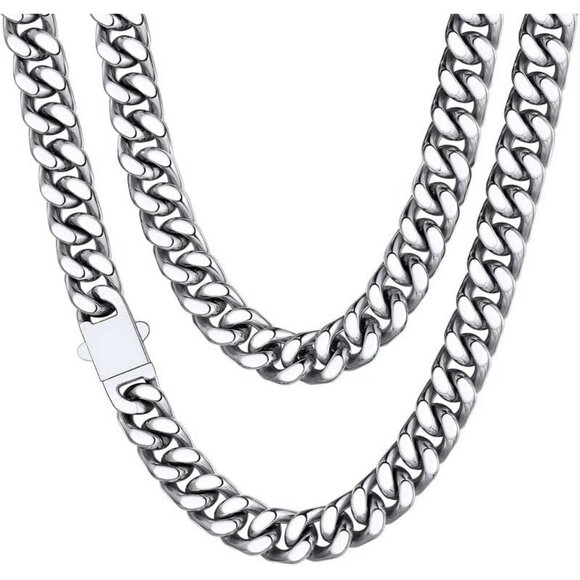 Men's 12mm Width Steel Silver 18K Gold Plated Cuban Hip Hop Chain Jewelry